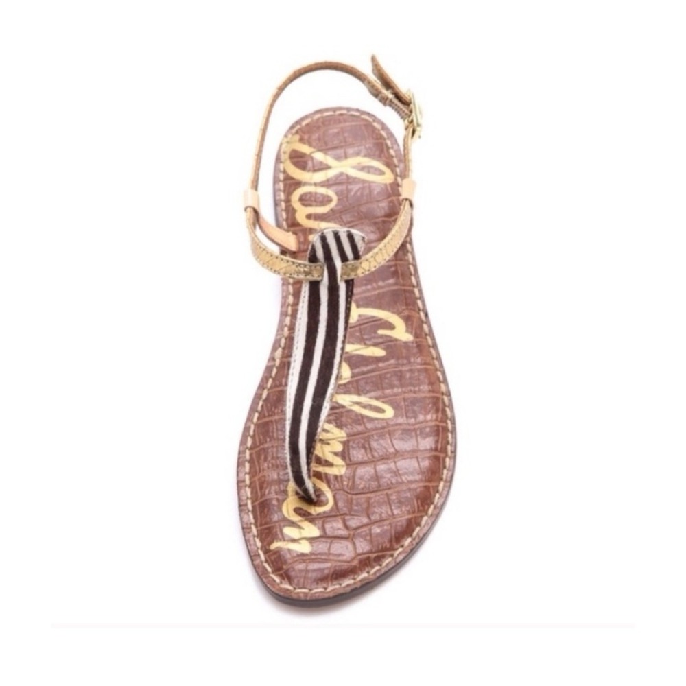 Sam Edelman Gigi Zebra Print Sandals Womens 8.5 Brown‎ Gold Leather T-Strap